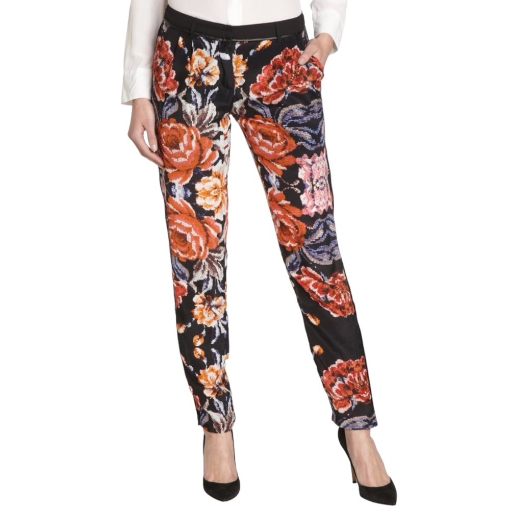 Greylin Black Red Paloma Tapestry Silk Pants Size Medium NWT Anthropologie Flora